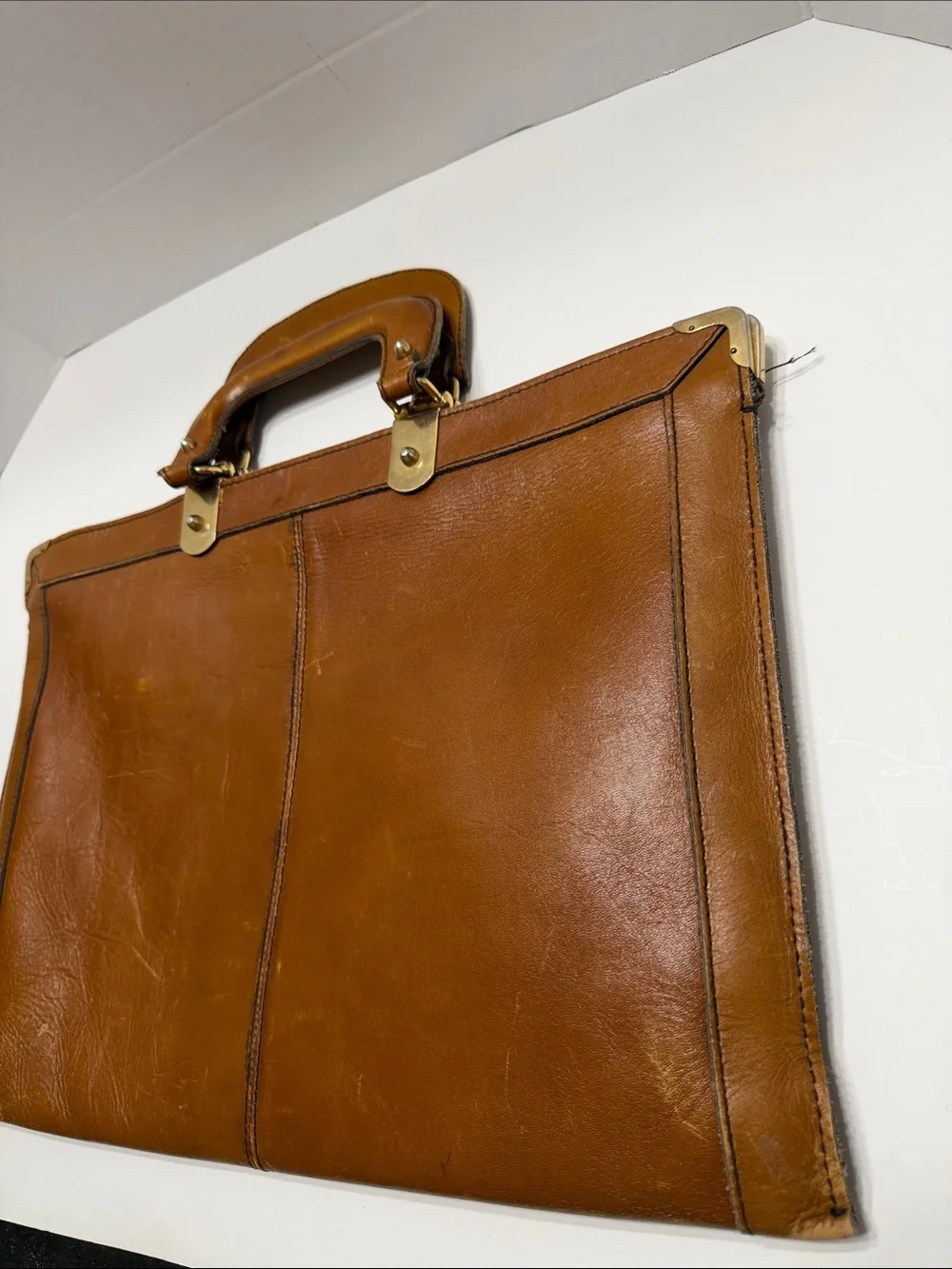 Men's Tan Leather Top-Handle Briefcase with Brass Accents